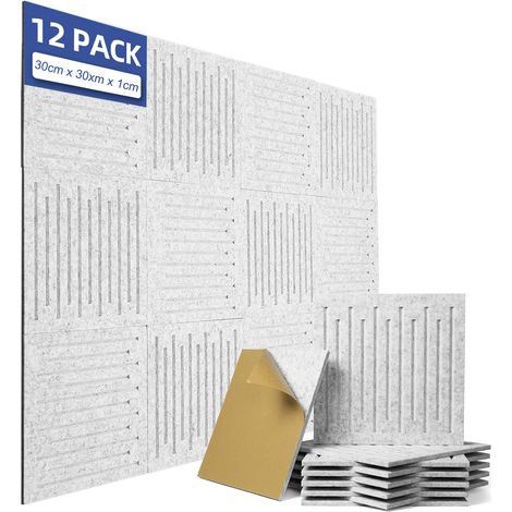 Lot de 12 panneaux acoustiques auto-adhésifs, rembourrage insonorisant en polyester, panneaux muraux insonorisants haute densité, 30 x 30 x 1 cm, gris (1/5)