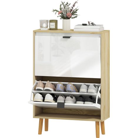 Meuble à chaussures étroit 2 portes blanc brillant, étagères réglables, pieds en bois, capacité 12 paires (1/5)