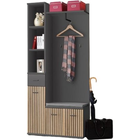 Mueble de entrada POLO – Almacenamiento y perchero en gris y roble