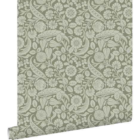 papier peint fleurs vert olive grisé - ESTAhome (1/5)
