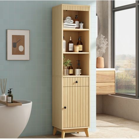 Badezimmerschrank 40x36x172 cm aus MDF in Natur, modularer Stauraum, platzsparend – MEUBLIV (1/5)