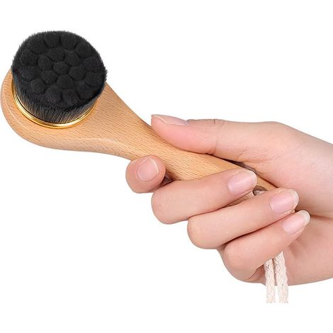 Brosse nettoyante manuelle pour le visage - Poils en fibres de charbon de bambou et manche en bois - Nettoie et exfolie la peau pour appliquer un masque, nettoyer les boutons et nettoyer les pores en (1/5)