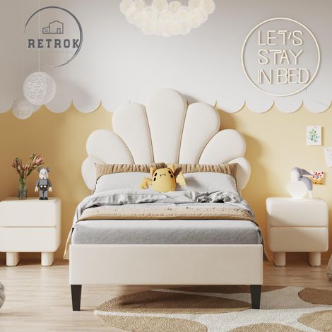 Lit rembourré enfant 90x200cm - Tête de lit fleur - Velours doux - Beige