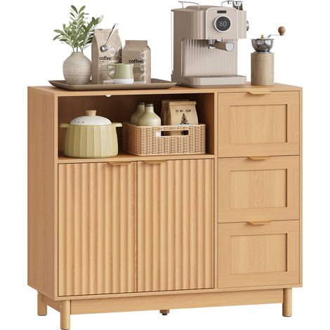 Woltu – Buffet cuisine en chêne clair – Meuble de rangement avec 3 tiroirs et 1 placard – Dimensions 90x35x80 cm – Étagère réglable à 3 positions (1/5)
