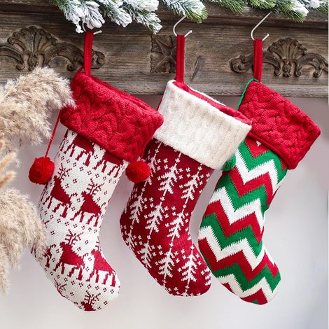 Set mit 3 personalisierten, gestrickten Weihnachtsstrümpfen zum Aufhängen, inklusive Geschenktüte zur Weihnachtsdekoration, 40 cm (1/5)