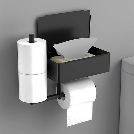 Black Toilet Paper Holder Wall Mounted Toilet Paper Holder No Drilling Stainless Steel with 2 Roll Holders and Wet Wipes Box