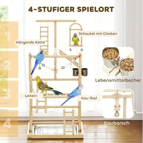 Aire de jeux pour oiseaux en bois naturel avec 4 niveaux et plateau en acier inoxydable (1/5)