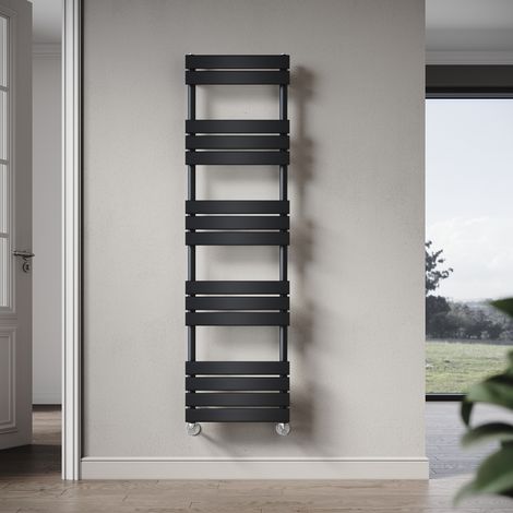 Elegant 1600 x 450mm Heated Towel Rail Black Modern Bathroom Radiator, Flat Panel Design ,Central Heating Towel Warmers, Exclude Valves (1/5)