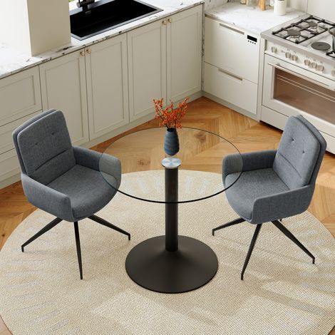 Ensemble table et chaises de salle à manger: table ronde en verre trempé au style élégant et luxueux avec structure de support en métal noir, assortie à 2 chaises de salle à manger gris foncé pivotant (1/5)