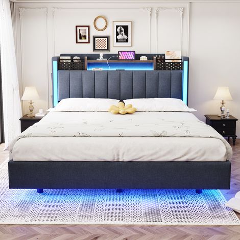Lit Capitonné 140x200cm - Avec LED, USB & Rangement au Chevêt - Pour Chambre - Gris