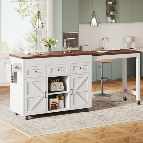 Îlot de cuisine avec rangement et table extensible (131,5-210 cm), rotation 360°, avec tiroirs et placards, plan de travail polyvalent pour cuisine, salle à manger et petits espaces, blanc