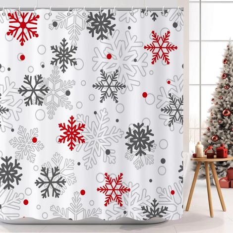 Rideau De Douche Noel - Motif Flocon De Neige Rouge Et Gris Sur Fond Blanc - Tissu Impermeable - Lavable En Machine - 183 Cm L x 213 Cm H - 1 Unite (1/5)