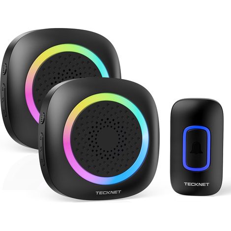 2er-Set kabellose Türklingeln mit Doppelfunktion, IPX5 wasserdicht, mit RGB-Beleuchtung, 300 m Funkreichweite (Schwarz)