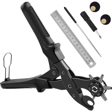 Pince Perforatrice [Upgraded], Perforatrice Cuir avec Taille du Trou Cadran, Poinçon À Ceinture Professional avec Tige de Meulage, pour Cuir, L'artisanat,Plastique,Feutre,Caoutchouc, etc.(Noir) (1/5)