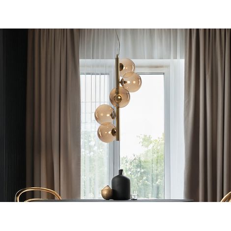 Pendelleuchte HONEY 5-flammig Gold-Glaskugeln Bernsteinfarbig, Höhe 183cm (1/5)