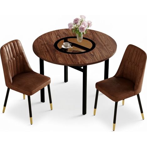 ELVMI Set Tavolo e Sedie con 1 Tavolo Rotondo e 2 Sedie, Piano in Vetro, MDF, Metallo e Tessuto, Marrone e Nero (1/5)