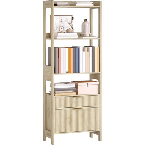 Bücherregal aus Naturholz mit 4 offenen Regalböden und 2 Schubladen, Aufbewahrungsmöbel für das Wohnzimmer, 160 cm hoch, 60 x 30 cm