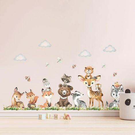 Stickers Animaux de La Foret, Stickers Cerf Ours Renard Animal de Dessin Animé Sticker Mural pour Enfants Bébé Pépinière Fête D'anniversaire D'enfant Décoration Murale (1/5)