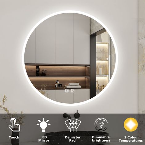 Acezanble Round Illuminated Bathroom Mirror with LED Light, 60cm, Dimmable Wall Mirror, Warm Light and Cold White Light, Anti-fog, Touch Switch, IP44