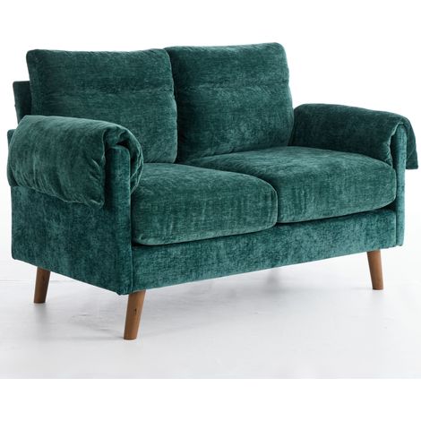 Canapé 2 places gain de place, tissu chenille vert émeraude, design rétro moderne, assise moelleuse avec coussins confortables, piètement imitation bois, idéal petit salon, chambre ou studio, peluche (1/5)