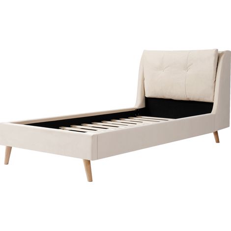 Lit rembourré, lit simple, lit enfant 90 x 200 cm, lit avec sommier à lattes et tête de lit, pieds de lit en bois massif, tête de lit rembourrée, velours, beige