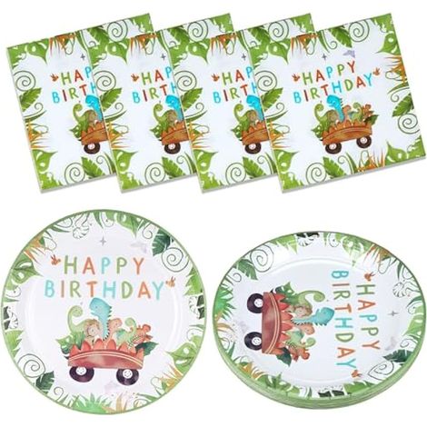 Vaisselle Jetable Anniversaire Dinosaure, 60 Pièces Decoration Anniversaire pour Enfants Contient 20 Assiettes 20 Serviettes et 20 Scoops, Fournitures de Fête pour Dinosaure, 20 Invités (1/5)