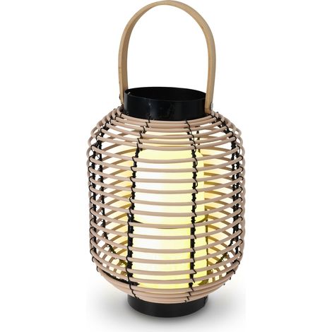LED Rattan Laterne für Außen und Innen mit Timer - 24 x 18 cm - Deko Leuchte warm weiß zum Stellen oder Hängen - Garten Leuchte Indoor Outdoor