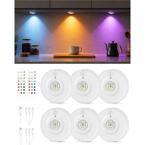 Lampes RGB Rechargeables avec Télécommande, Lot de 6 Spot LED Sans Fil blanc lampe de cuisine sous placard avec batterie 1800mAh, intensité réglable et minuterie, éclairage à coller pour placard (1/5)