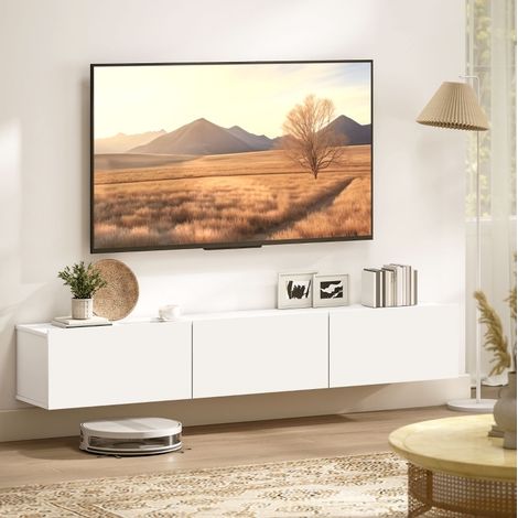 Meuble TV mural suspendu blanc 180 cm avec 3 portes abattantes, panneau de particules, REDOM (1/5)