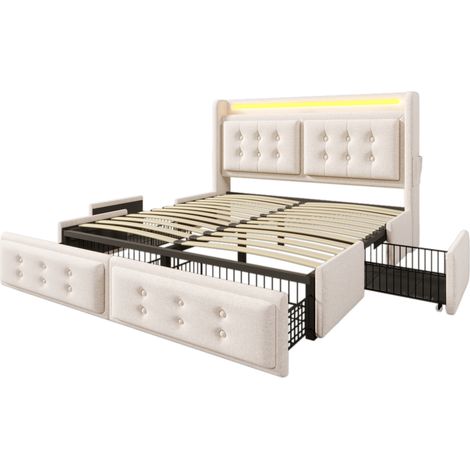 Letto imbottito 180x200 cm beige con LED, USB-C, 4 cassetti, rete e struttura in metallo (1/5)