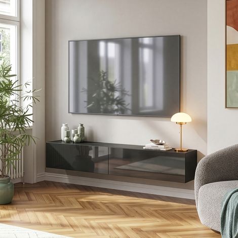 Mobile Pensile Evaton Porta TV da Parete 180 x 32 x 30 cm - Nero Lucido [en.casa]
