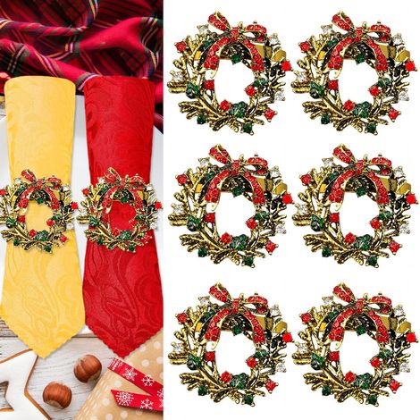 6 Pièces Rond de Serviette Noel, Rond de Serviette de Table Noel Doré avec Strass Rouge, Vert, Argent, Decoration Noel Table (1/5)
