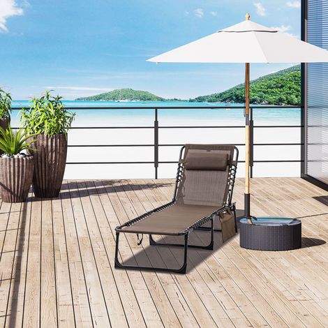 Chaise longue pliante jardin oreiller poche latérale,dossier 5 positions,résistante intempéries,charge 120 kg,piscine plage,finition marron.