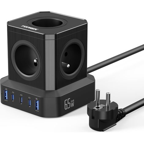 65W PD3.0 Cube Multiprise avec 5 Prises AC Française et 5 USB 2M Câble, 10 en 1 Cube Rallonge Multiprise avec Interrupteur, 65W 5 Ports USB Charge Rapide GaN Tech Électrique(4000W/16A) (1/5)