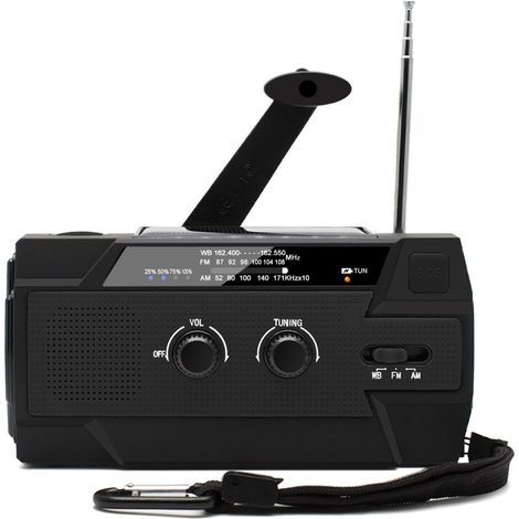 Radio Solaire à Manivelle Portable Radio Dynamo Rechargeable avec AM/FM/WB Batterie Rechargeable Intégrée 4000mAh 4 Modes Lampe de Poche LED Alarme SOS pour Urgence en Plein Air,noir