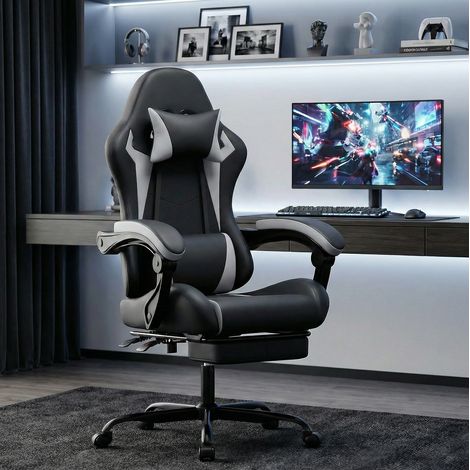 Gamingstuhl Schwarz-Weiß aus PVC mit ergonomischem Design, Kopfstütze, Lendenkissen, Fußstütze und verstellbarer Rückenlehne (1/4)