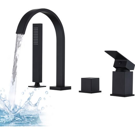 Robinet de Baignoire Noir Mat 4 Trous en Laiton Massif – Bec Cascade Pivotant 360° avec Douchette, Design Moderne et Durable