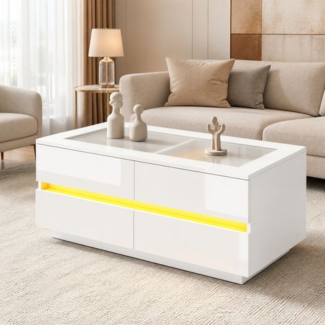 Table basse 100x50x40 cm, 4 tiroirs LED verre blanc HAVRYA (1/5)