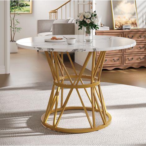 Tavolo da pranzo rotondo 100x100x76 cm oro in MDF con effetto marmo e gambe in metallo regolabili (1/5)