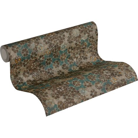 papier peint motif de carrellages marron, couleur sable et bleu - Livingwalls (1/5)