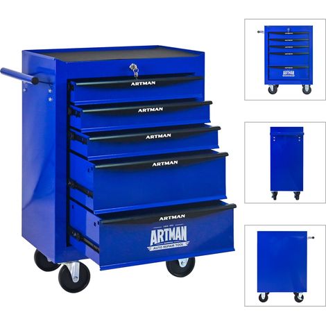 Fahrbarer Metall-Werkzeugschrank mit 5 Schubladen, 508 mm (20 Zoll) Werkzeugschrank mit 5 Schubladen und kugelgelagerten Schubladenführungen, organisierende Stahl-Werkzeugbox – schwarz-blau (1/5)