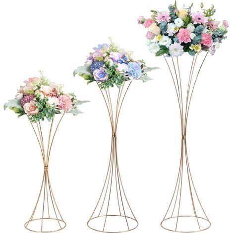 Vase à Fleurs 3 Pièces, Centres de Table de Support de Fleur de Mariage en Métal, Kit de Support de Toile de Fond de Tuyau et Drapé Réglable Portable en Or, pour Décorations de Banquet de Fêtes d'anni (1/5)