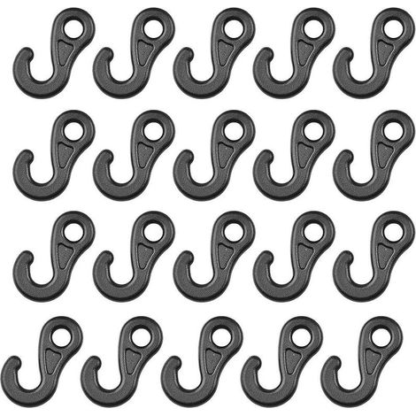 Crochet de tente en forme de S, crochet de tente de camping en forme de S, crochet d'auvent en plastique, accessoires pour boucle d'extrémité de cordon élastique (20 pièces, noir) (1/5)