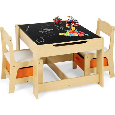 Goplus – Ensemble table et 2 chaises pour enfants – Table double face 60x60cm – 2 tiroirs de rangement – Matériaux MDF faciles à nettoyer