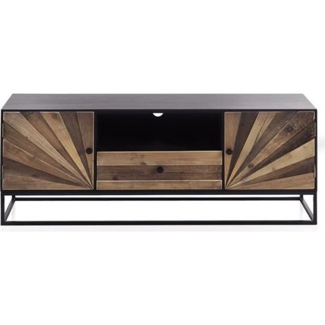 Meuble TV 2 portes et 1 tiroir en bois naturel et métal coloris noir - Longueur 140 x Hauteur 53 x Largeur 40 cm-JUANIO (1/4)
