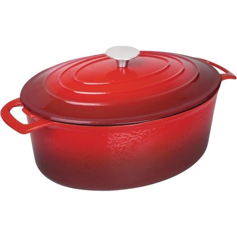 Cocotte ovale rouge en fonte 6 litres – Couvercle auto-arrosant – Intérieur émaillé antiadhésif – Compatible tous feux – Vogue (1/5)