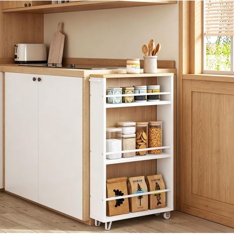 MEUBLIV Chariot de cuisine 47 x 13 x 80 cm blanc – 3 étagères ouvertes à roulettes (1/4)