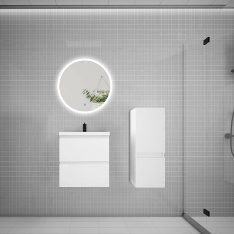 Ensemble meuble vasque L.50cm 2 tiroirs + lavabo + LED miroir rond 60cm + colonne,blanc (1/5)