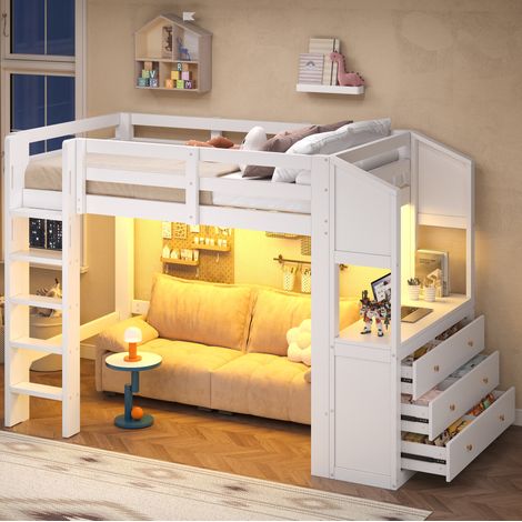 Cama alta 90x200 con 3 cajones, estantes, LED, pino y MDF, blanco (1/5)