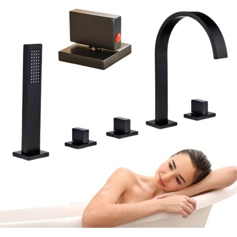 Grifo monomando de bañera combinación de 5 orificios, Negro (1/5)